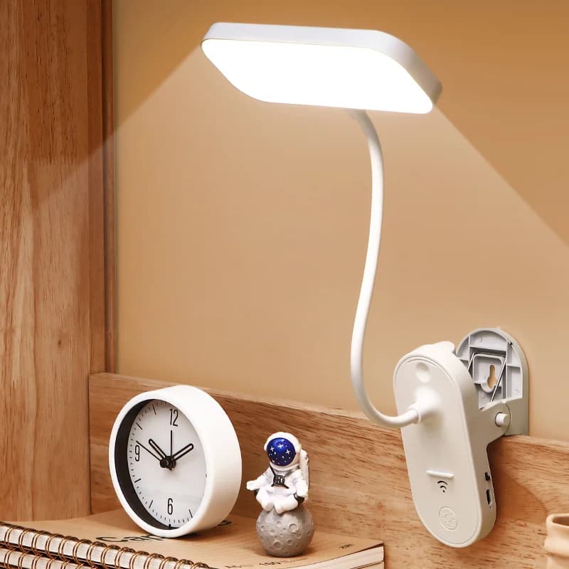 USB-genopladelig klemme LED-sengetøjlampe, dæmpbar