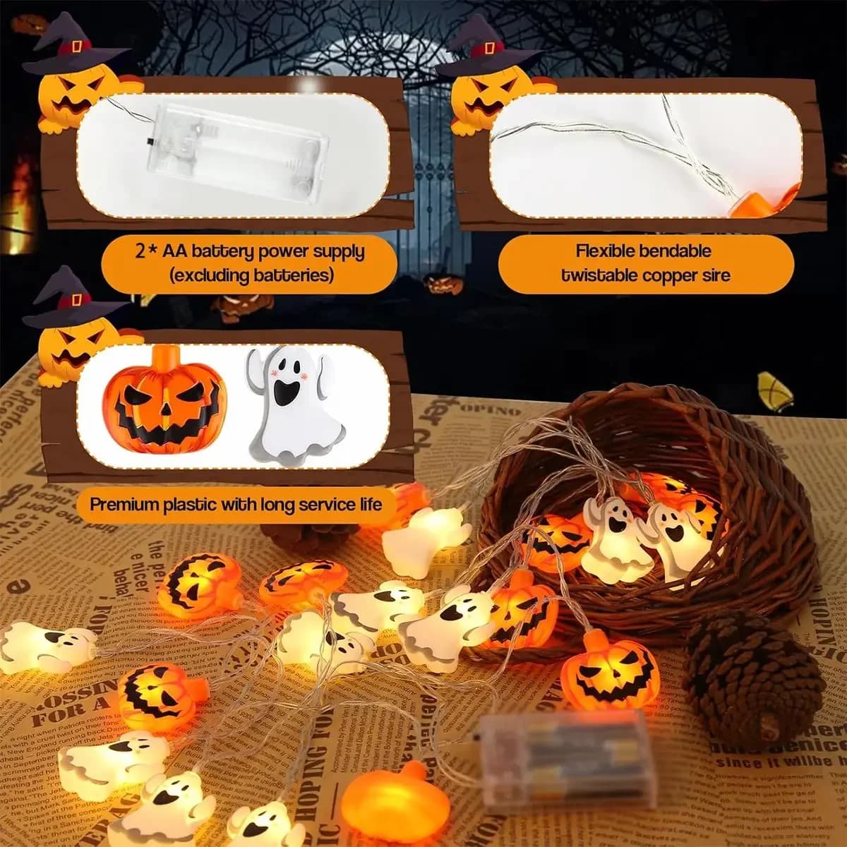 Batteridrevet Spøgelse og Græskarl Halloween LED Strenglys