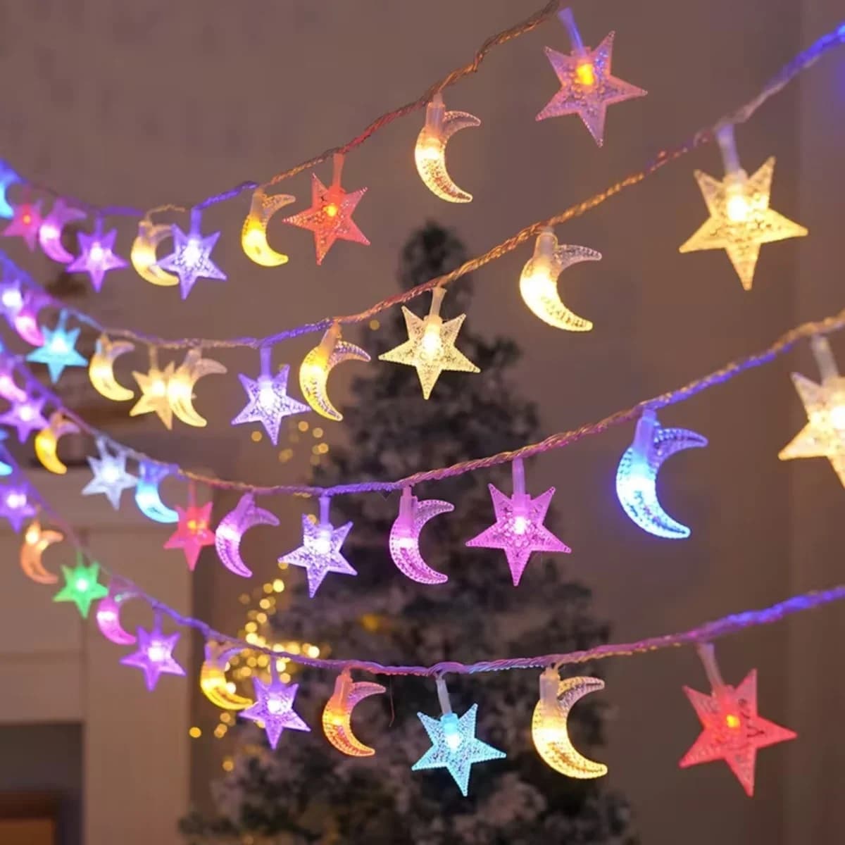 Solcelle stjerne og måne lyskæde varm hvid multicolor