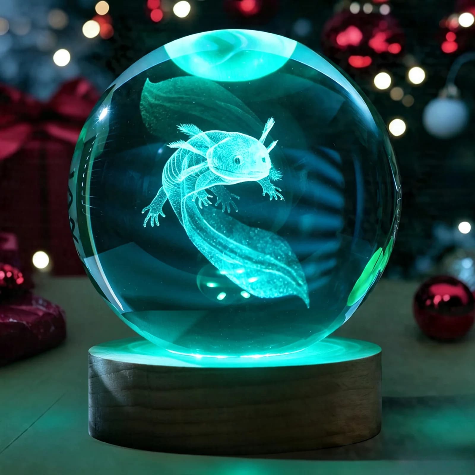 Natlampe med 3D krystalkugle med salamander og base