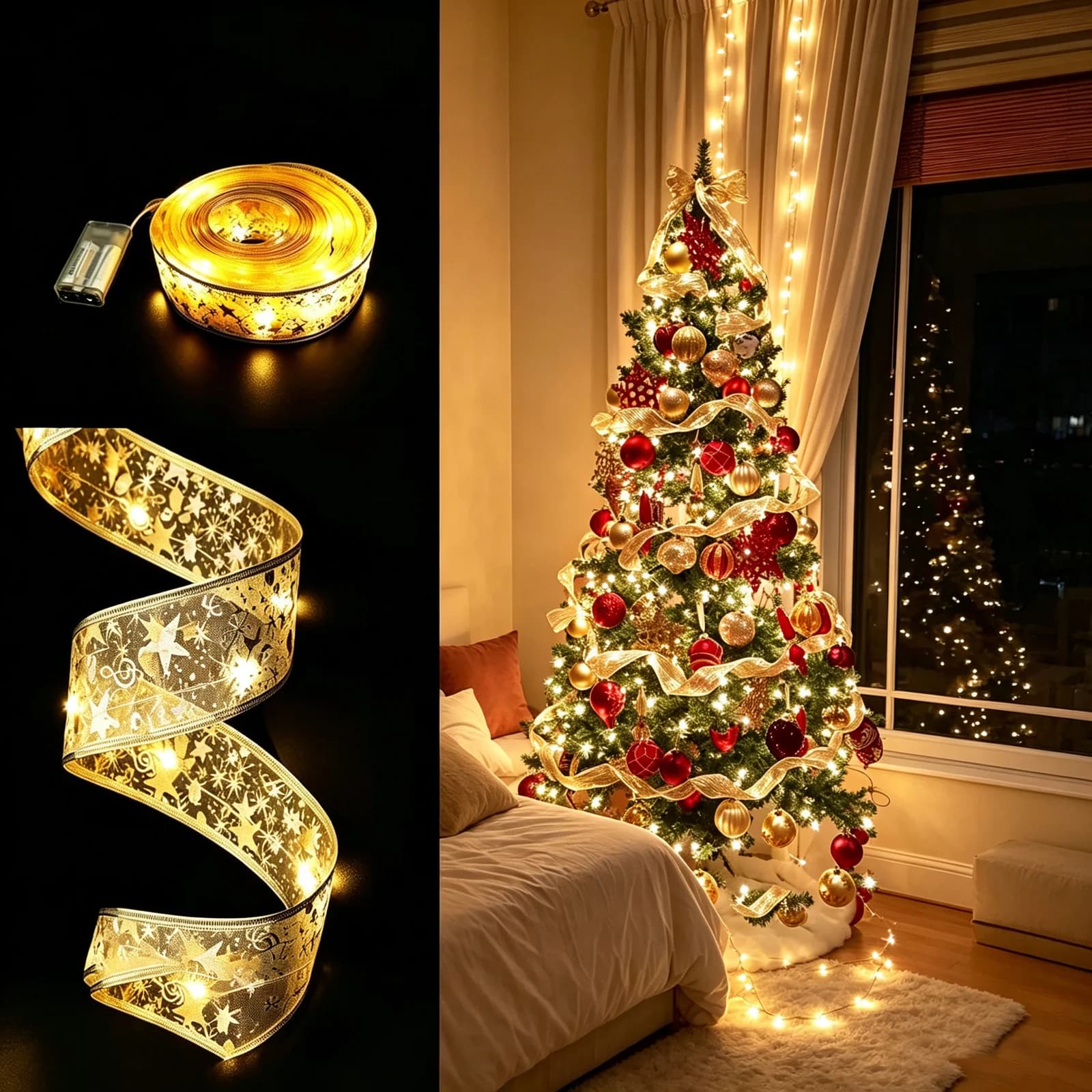 Guld satin dobbeltlags LED julebåndlys