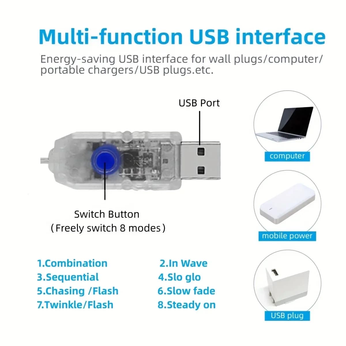 USB julelys med vandfaldseffekt, varm hvid