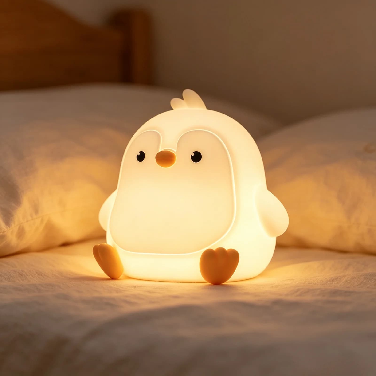 Genopladelig natlampe i silikone med pingvin, 7 farver, touch LED